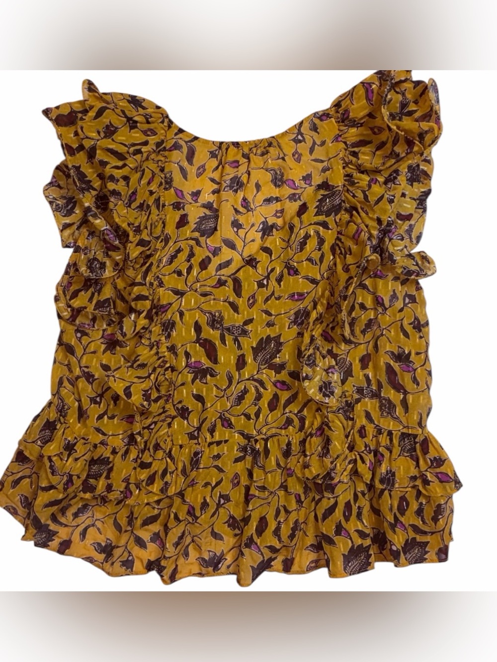 Ulla Johnson Mustard Floral Ruffle Sleeveless Silk Blend Blouse Size 8 - Picture 8 of 10